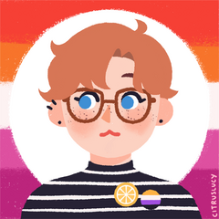 A Picrew profile picture of a cute white person with brown curly hair. The Lesbian Flag is a ring around the outside.